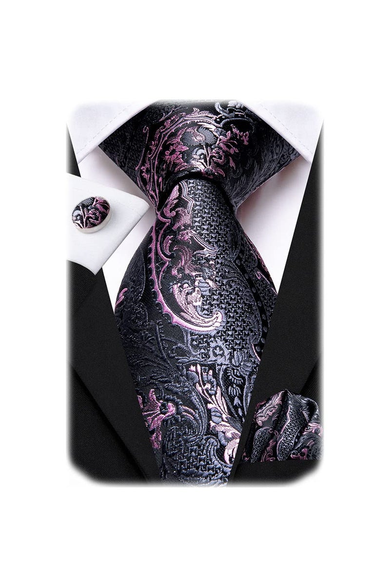 Hi-Tie ربطات عنق حرير بايزلية للرجال مجموعة ربطة عنق ومنديل جيب وأزرار أكمام رسمية، أسود وردي - Image 1