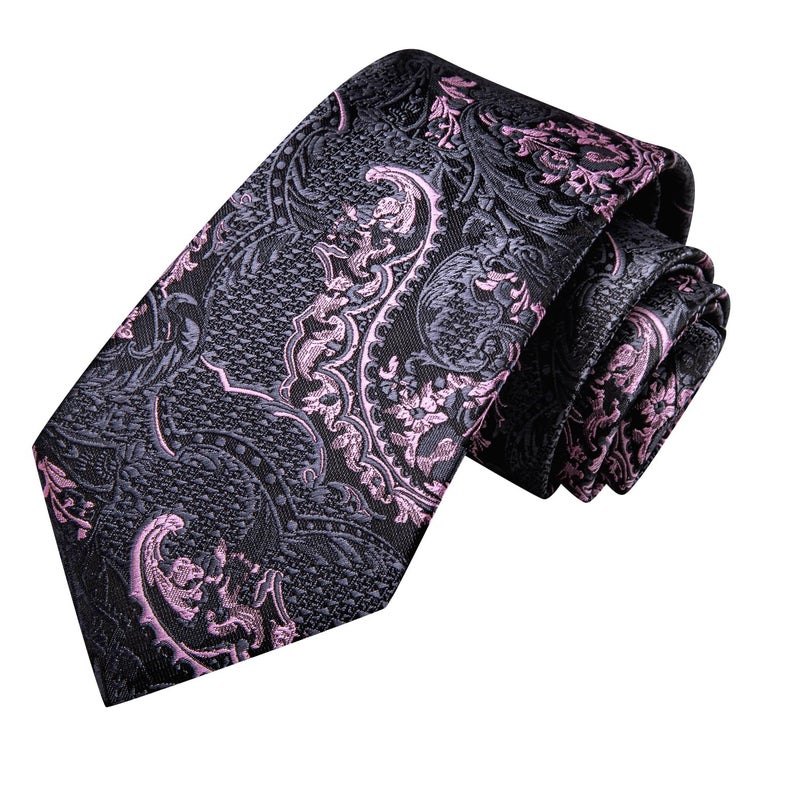 Hi-Tie ربطات عنق حرير بايزلية للرجال مجموعة ربطة عنق ومنديل جيب وأزرار أكمام رسمية، أسود وردي - Image 4