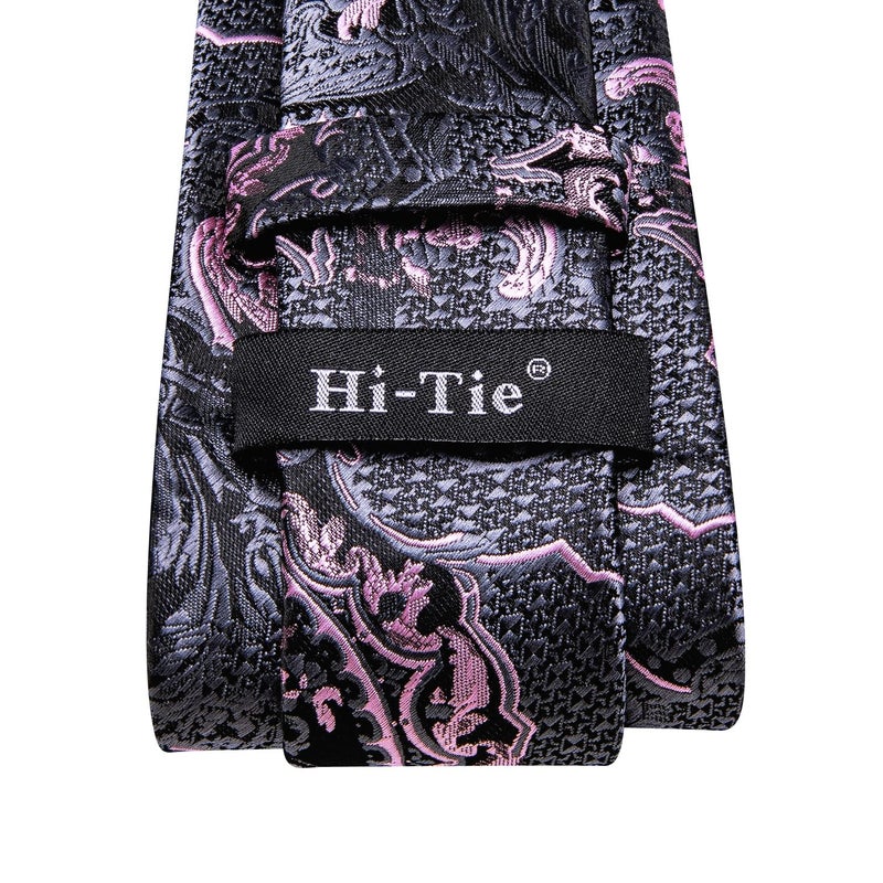 Hi-Tie ربطات عنق حرير بايزلية للرجال مجموعة ربطة عنق ومنديل جيب وأزرار أكمام رسمية، أسود وردي - Image 5