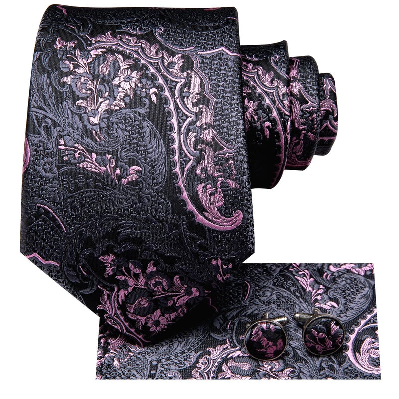Hi-Tie ربطات عنق حرير بايزلية للرجال مجموعة ربطة عنق ومنديل جيب وأزرار أكمام رسمية، أسود وردي - Image 2