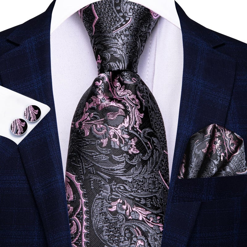 Hi-Tie ربطات عنق حرير بايزلية للرجال مجموعة ربطة عنق ومنديل جيب وأزرار أكمام رسمية، أسود وردي - Image 3