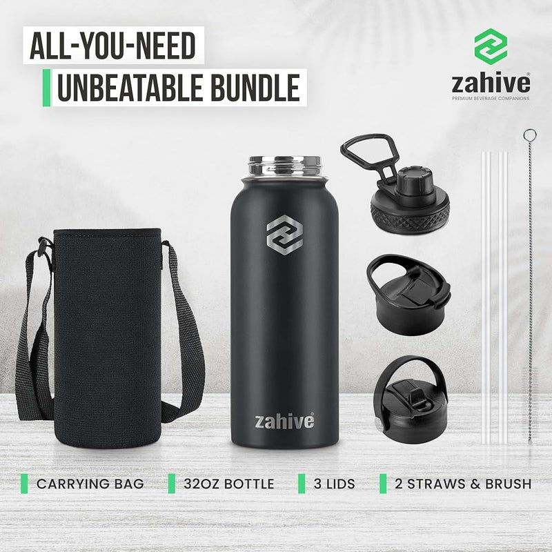 Zahive Insulated Water Bottle 1l with 3 Lids & Bag - Stainless Steel Water Bottle with Straw - 1000 ml Double Wall Flask for Gym, Travel, Hot & Cold Drinks - Leak Proof (1 Liter, Black) - Image 2