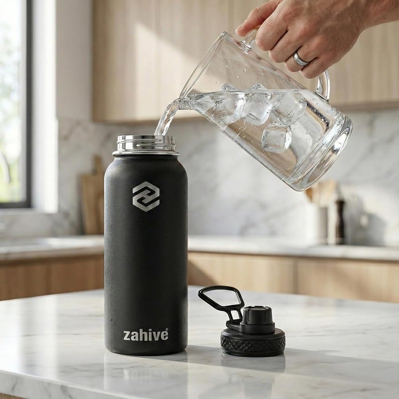 Zahive Insulated Water Bottle 1l with 3 Lids & Bag - Stainless Steel Water Bottle with Straw - 1000 ml Double Wall Flask for Gym, Travel, Hot & Cold Drinks - Leak Proof (1 Liter, Black) - Image 4