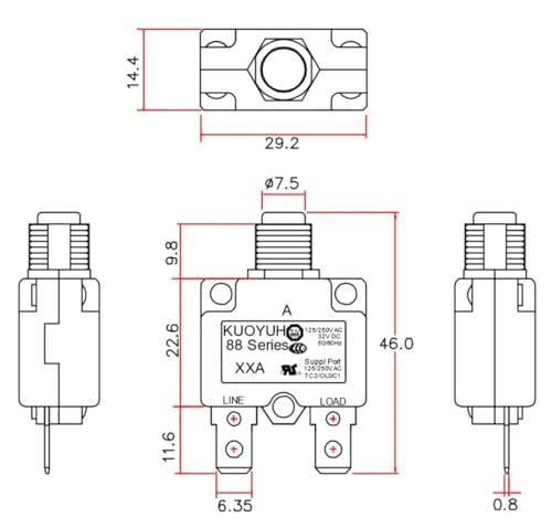 KQEC قاطع الدائرة KUOYUH 15A سلسلة 88 125/250VAC 50/60Hz قابل لإعادة الضبط بالضغط (15A) - Image 4