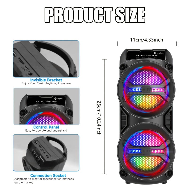 Portable Karaoke Speaker With Dual Horns Heavy Bass Subwoofer Colorful LED Ambient Lighting Wireless Daisy Chain Stereo Multi Mode Playback 12 Hour Battery Outdoor Home Karaoke Black - Image 2
