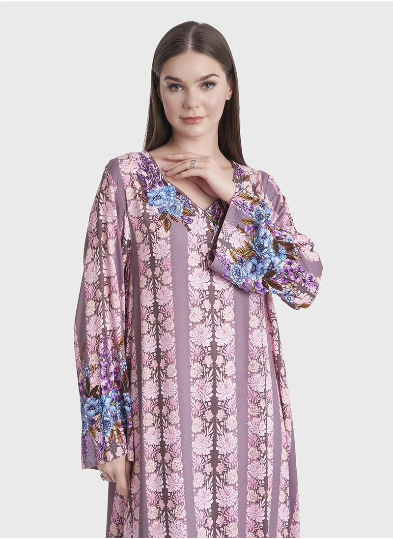 كشخة Floral Print Stripes Rayon Jalabiya