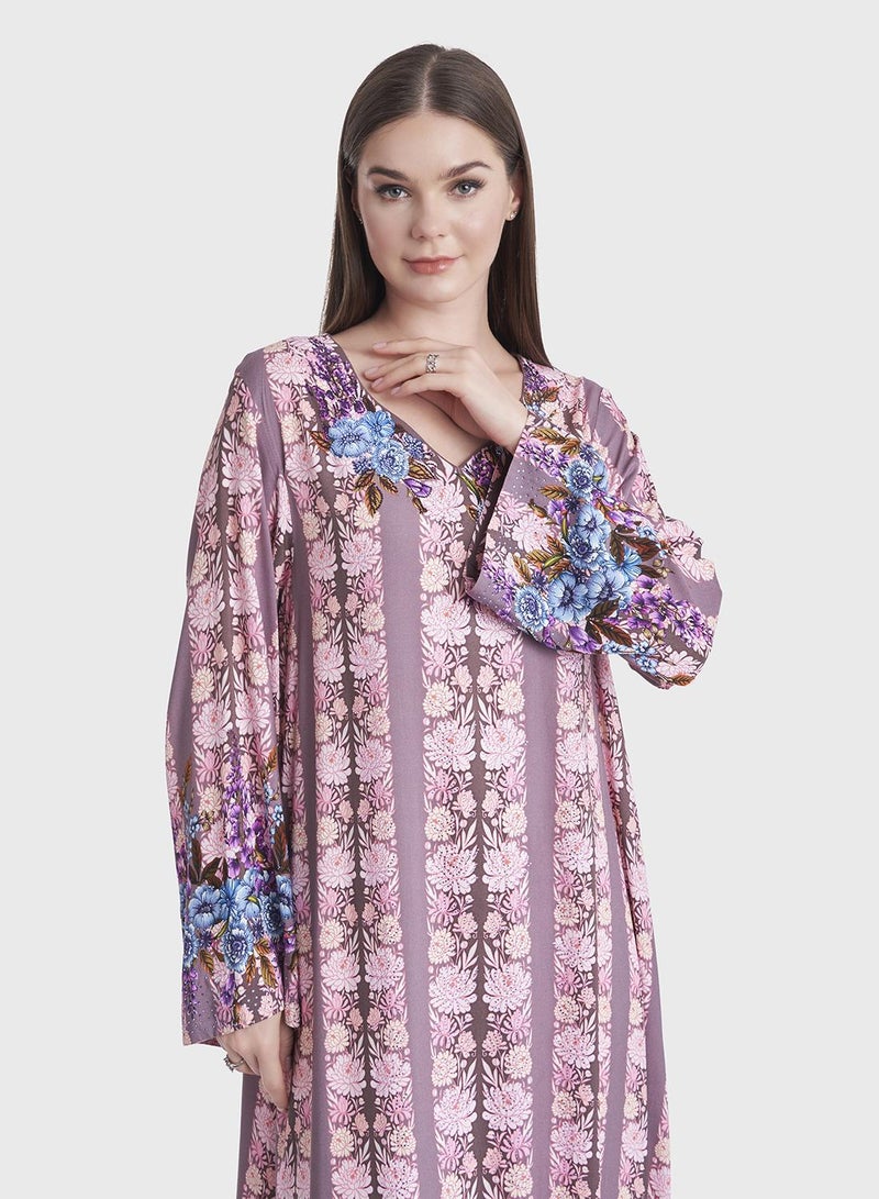 كشخة جلابية بنقش الزهور وخطوط من الرايون - Image 1