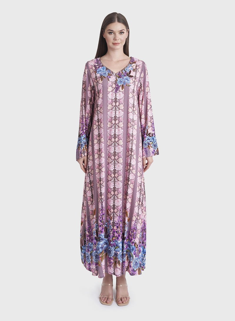 كشخة جلابية بنقش الزهور وخطوط من الرايون - Image 2