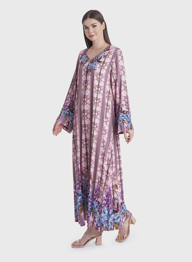 KASHKHA Floral Print Stripes Rayon Jalabiya