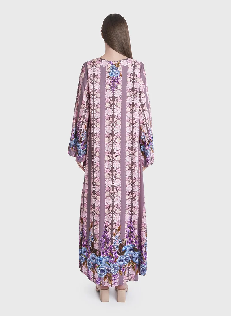 KASHKHA Floral Print Stripes Rayon Jalabiya