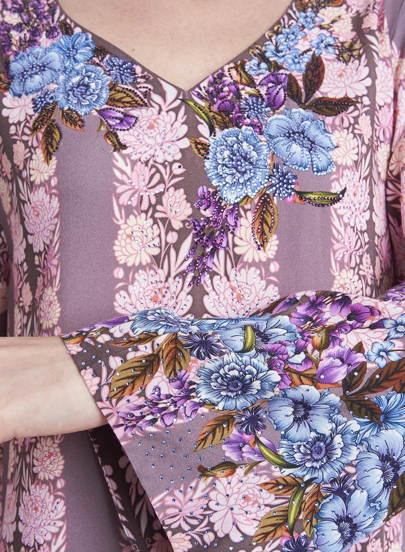 كشخة جلابية بنقش الزهور وخطوط من الرايون - Image 5