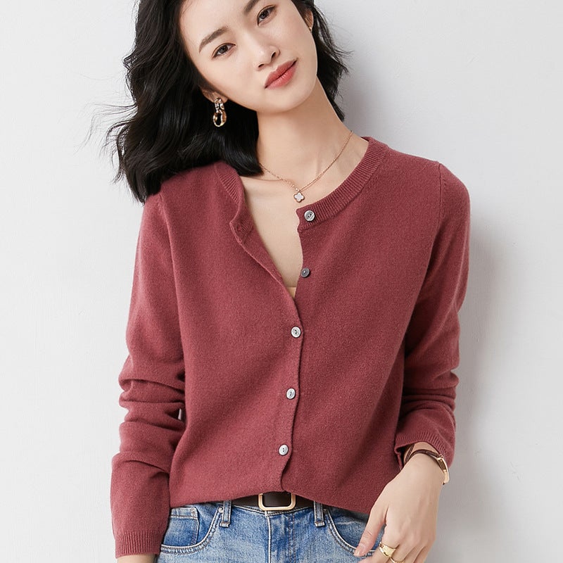 2024 Winter Wool-Blend Knit Cardigan Dou Sha Red 