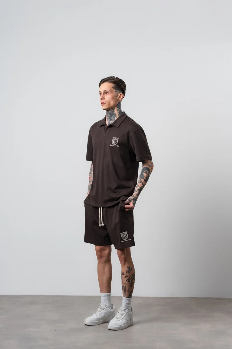RESPIRE Men's Rocket Club Print Regular Fit T-Shirt and Shorts Set, Coffee Brown
