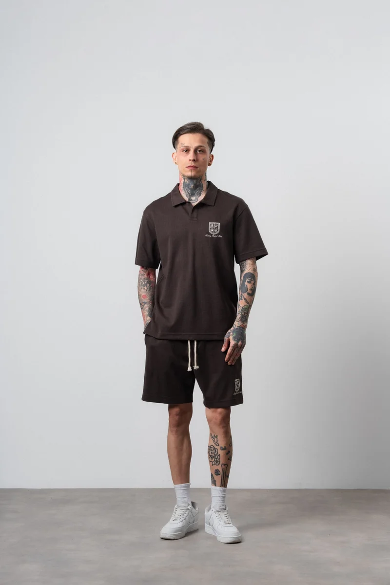 RESPIRE Men's Rocket Club Print Regular Fit T-Shirt and Shorts Set, Coffee Brown