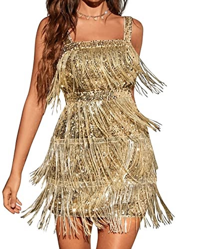 RED DOT BOUTIQUE 861 - Women Sequin Fringe Tassel Evening Party Prom Cocktail Homecoming Concert Dress (A-Gold, M) - Image 1