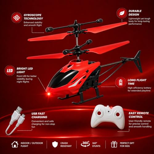 KINGZOMY® RC Helicopter with Hand Gravity Sensor, Flying Remote Control Helicopter Toy, Charging Helicopter with 3D Light & Safety Sensor for Kids Age 4+ Years I Pack of 1 (Red) - Image 2