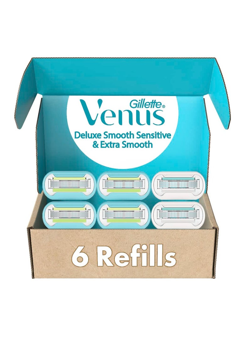 Gillette شفرات حلاقة جيليت فينوس للنساء، فينوس إكسترا سموذ 4 قطع وفينوس ديلوكس سموذ سينسيتيف 2 قطع، 6 شفرات إجمالية - Image 1