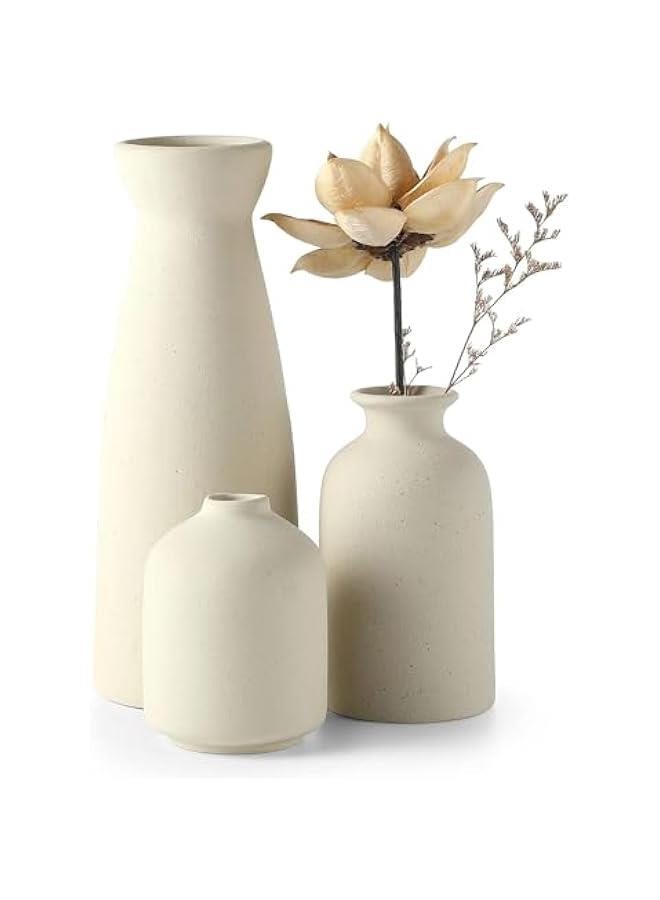 هوكور LukRosey Beige Ceramic vase Set-3 Small Flower vases for Decor,Modern Boho Farmhouse Home Decor,Decorative vase for Pampas Grass&Dried Flowers,idea Shelf,Table,Bookshelf,Entryway- Distressed - Image 1