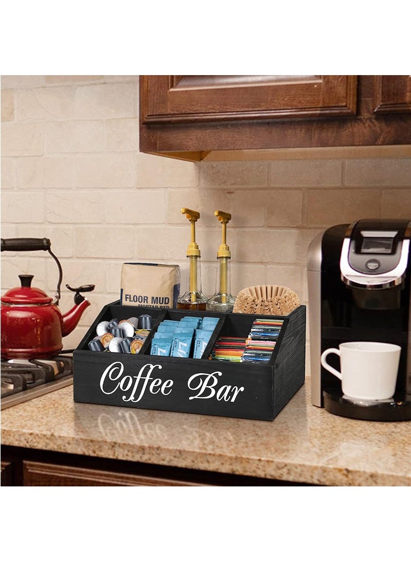 Topyich Coffee Station Organizer for Counter, Wood Coffee Pods Holder Storage Basket, Coffee and Tea Condiment Storage Organizer, Rustic Coffee Bar Decor for Coffee Accessories Organizer - Image 3