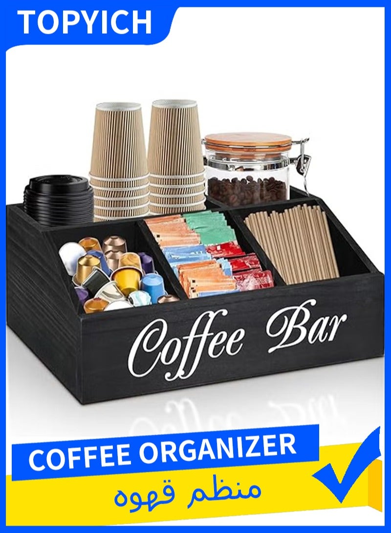 Topyich Coffee Station Organizer for Counter, Wood Coffee Pods Holder Storage Basket, Coffee and Tea Condiment Storage Organizer, Rustic Coffee Bar Decor for Coffee Accessories Organizer - Image 1
