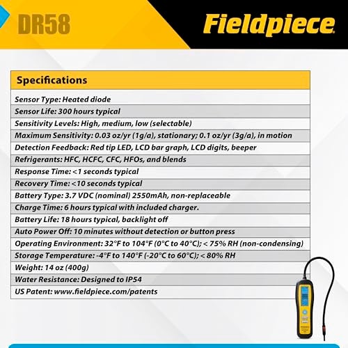 Fieldpiece - DR58 Heated Diode Refrigerant Leak Detector - Ultra-Sensitive Leak Sniffer with Large, Backlite LCD Screen - Lightweight HVAC Tool - Image 3