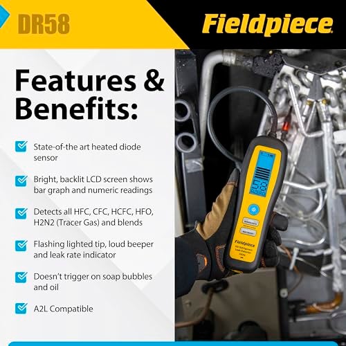 Fieldpiece - DR58 Heated Diode Refrigerant Leak Detector - Ultra-Sensitive Leak Sniffer with Large, Backlite LCD Screen - Lightweight HVAC Tool - Image 2
