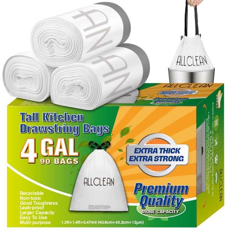 Allclean 2-4 Gallon Trash Bag Small 4 Gallon Kitchen Drawstring Trash Bag  Unscented Bathroom Garbage Bag Waste basket Liners Fit 11-14 liters for office Car(90 White Bags)
