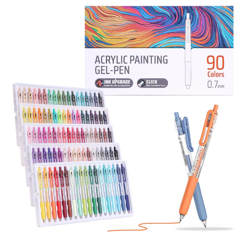 Xipan Acrylic Colored Pens Set, 90 Colors Retractable Gel Ink Pens, 0.7mm Fine Point Colorful Pen for Black Paper, Rock, Glass, Fabric and Art Crafts Supplies, Color Pen for Journaling Note Taking - Image 1