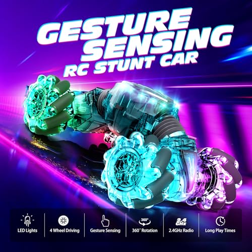 Tecnock Remote Control Car for Boys Girls, 2.4GHz 4WD Gesture Sensing RC Stunt Car Toys - 360° Rotating Double Sided Hand Controlled RC Cars with LED Lights, Gifts for Kids Ages 6-8, 8-12 - Image 4