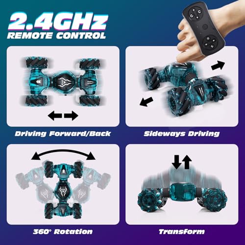 Tecnock Remote Control Car for Boys Girls, 2.4GHz 4WD Gesture Sensing RC Stunt Car Toys - 360° Rotating Double Sided Hand Controlled RC Cars with LED Lights, Gifts for Kids Ages 6-8, 8-12 - Image 2
