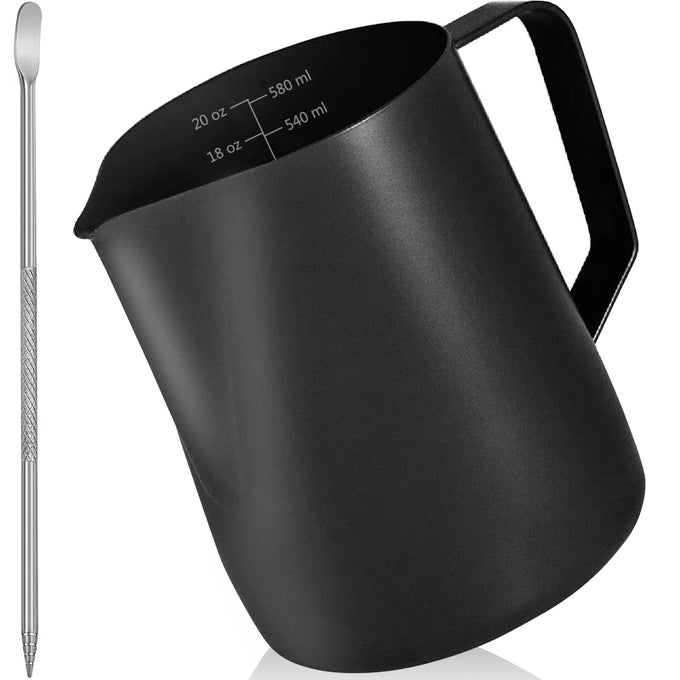 MILK FROTHING PITCHER 20 OZ600ML WITH NONSTICK COATING STAINLESS STEEL ESPRESSO STEAMING CUP FOR COFFEE LATTE ART METAL FROTHER WITH ART PEN BLACK