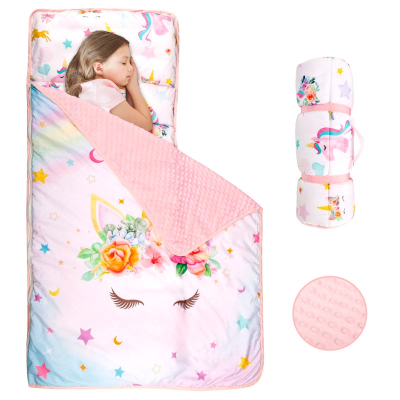 Toddler Nap Mat with Removable Pillow and Soft Dot Minky Blanket Pea Pod Kids Unicorn Napping Mats Extra Large Rolled Slumber Bags for Girls Preschool Daycare Camping 22 x 54inches Ages 37 Years