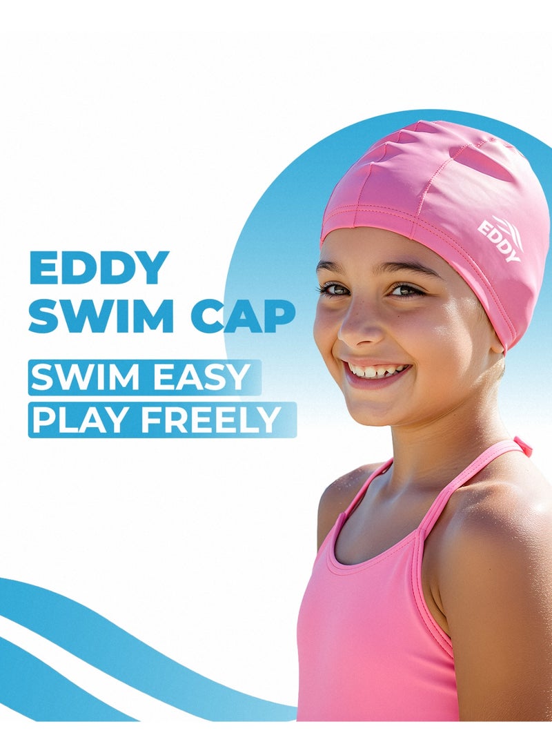إيدي سبورتس قبعة السباحة للأطفال من EDDY – مصنوع من قماش مطلي بـ PU خفيف الوزن، مناسب للشعر الطويل، ناعم ومرن، مصمم للأولاد والبنات – مريح، متين، مقاوم للماء، سهل الارتداء – مثالي لدروس السباحة، وحمام السباحة، وأيام الشاطئ الممتعة - Image 1