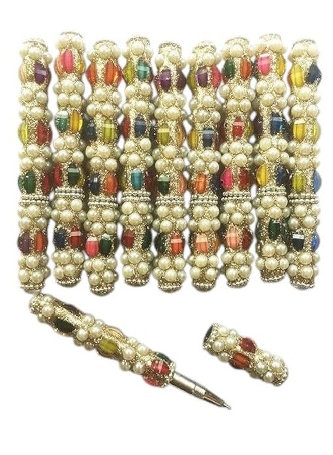 Indianstore4all Handcrafted Rajasthani pen set of 10 pc white moti pen set can be used as a gift for teacher's day, office use, or as a desk organizer. - Image 1