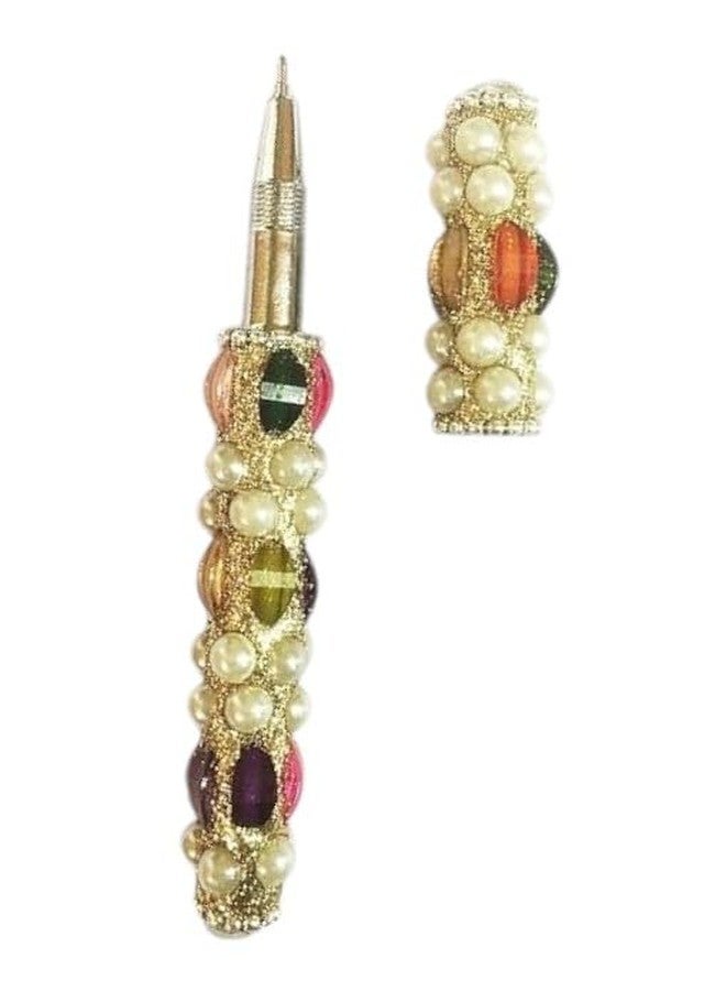 Indianstore4all Handcrafted Rajasthani pen set of 10 pc white moti pen set can be used as a gift for teacher's day, office use, or as a desk organizer. - Image 4