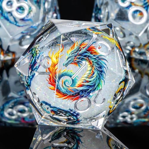 OUKELANWO Liquid Core Dragons Stickers DND Dice Set DD 7Pcs Dungeons D and D Role Playing Dice with Gift Box Resin Sharp Edge Dice D20 D12 D10 D8 D6 D4 White - Image 1