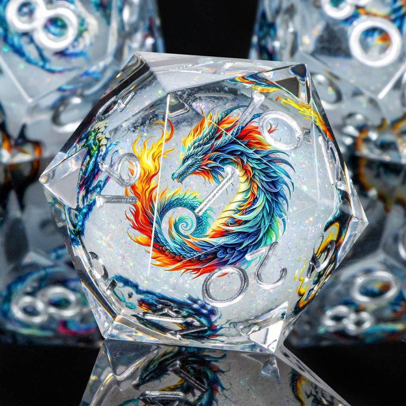OUKELANWO Liquid Core Dragons Stickers DND Dice Set DD 7Pcs Dungeons D and D Role Playing Dice with Gift Box Resin Sharp Edge Dice D20 D12 D10 D8 D6 D4 White - Image 3