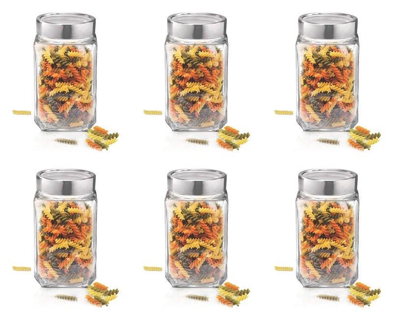 Brezzycloud 1000ml Cube Jar, Transparent Kitchen Glass Bottle for Spices, Dryfruits and food (Set Of 6) - Image 1