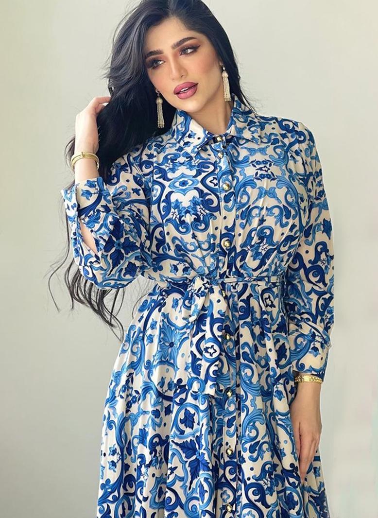 كريمي طوق متقلب طباعة ازرار حزام كم منتظم فساتين طويلة ازرق - Image 2