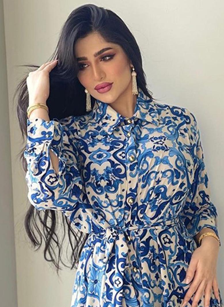 كريمي طوق متقلب طباعة ازرار حزام كم منتظم فساتين طويلة ازرق - Image 3