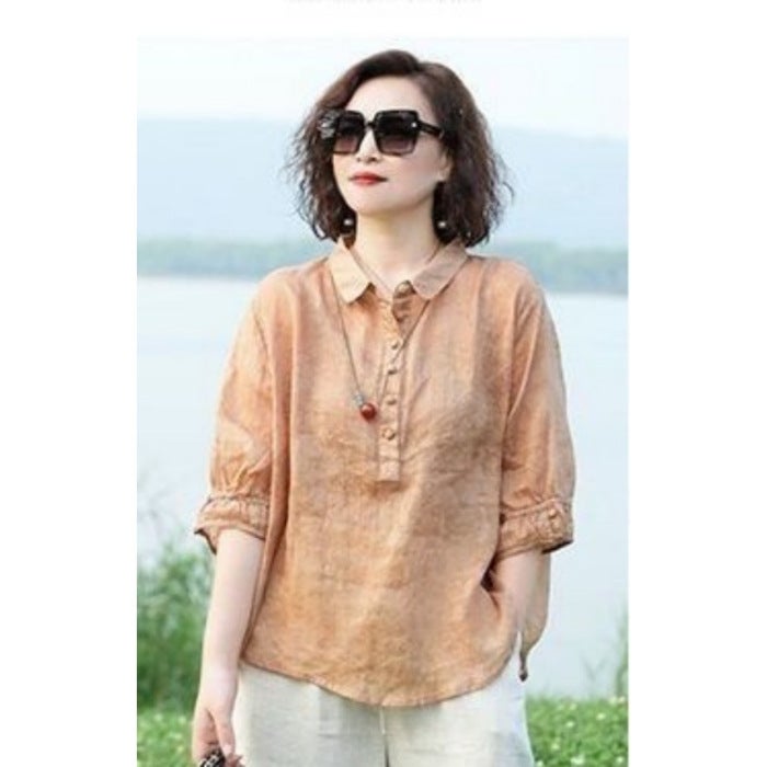 High-End Womens New Jacquard Lapel Shirt, Retro Style Womens Mid-Sleeve Shirt, Slimming and Flesh-Covering Thin Shirt Sweet orange - Image 1
