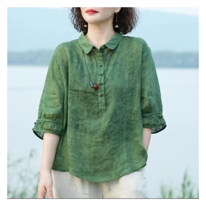 High-End Womens New Jacquard Lapel Shirt, Retro Style Womens Mid-Sleeve Shirt, Slimming and Flesh-Covering Thin Shirt Sweet orange - Image 2