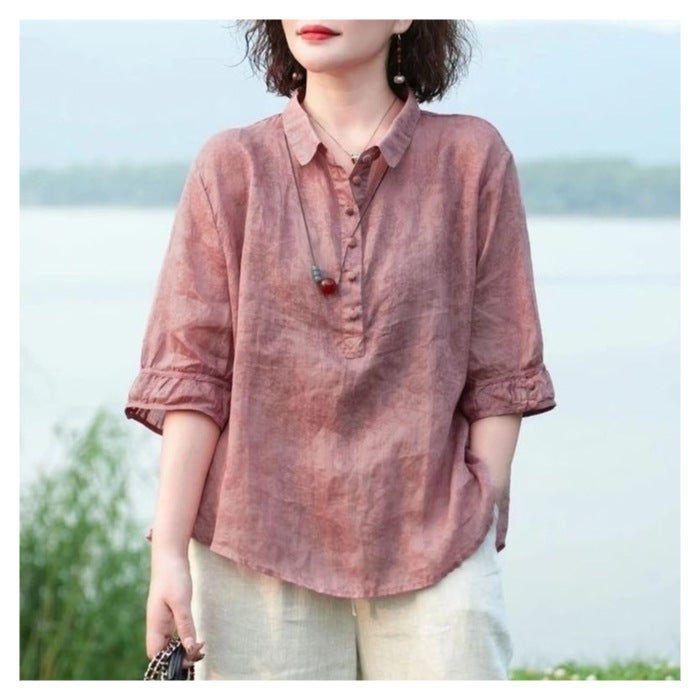 High-End Womens New Jacquard Lapel Shirt, Retro Style Womens Mid-Sleeve Shirt, Slimming and Flesh-Covering Thin Shirt Sweet orange - Image 5