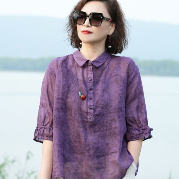 High-End Womens New Jacquard Lapel Shirt, Retro Style Womens Mid-Sleeve Shirt, Slimming and Flesh-Covering Thin Shirt Sweet orange - Image 3
