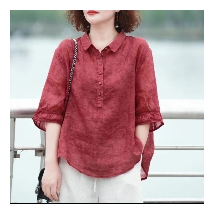 High-End Womens New Jacquard Lapel Shirt, Retro Style Womens Mid-Sleeve Shirt, Slimming and Flesh-Covering Thin Shirt Sweet orange - Image 4