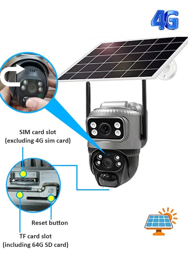 Solar Camera Dual Lens 4G Camera Solar PIR Human Detection Night Vision Waterproof Security Video IP Camara 4K Battery CCTV Monitor