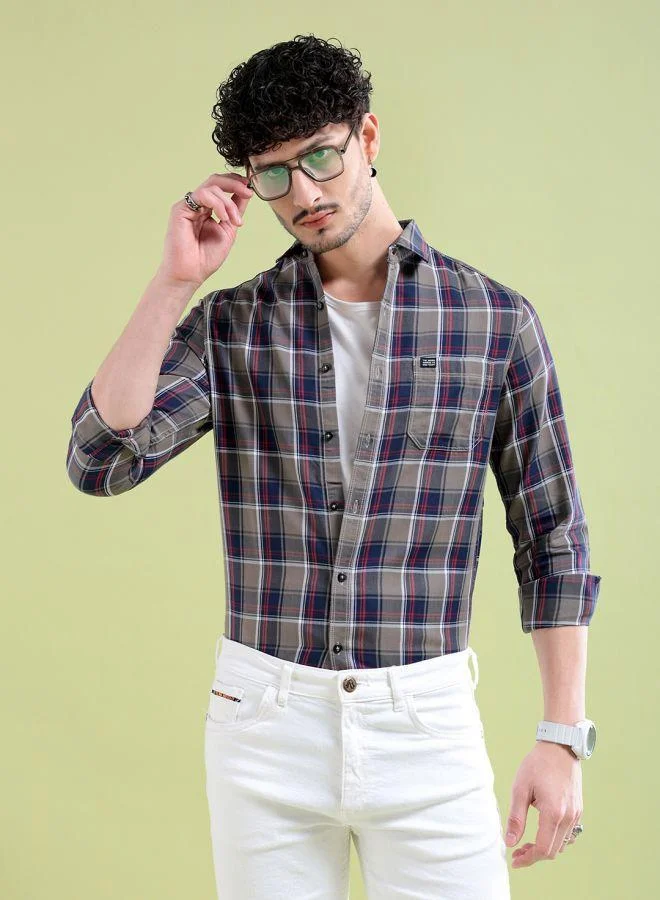 ذا انديان كراج كو Men Regular Fit Checkered Full Sleeves Cutaway Collar Casual Shirt