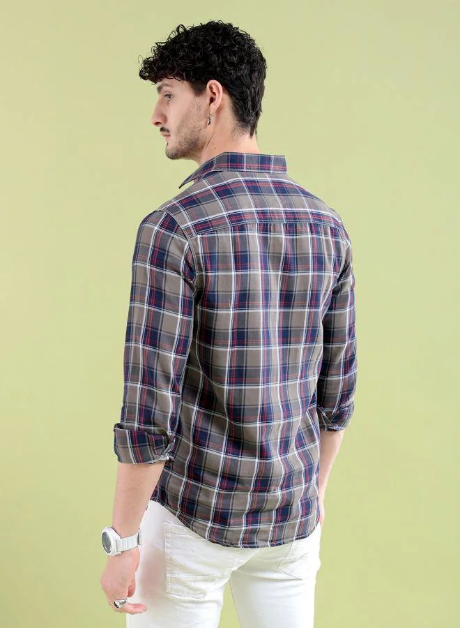 ذا انديان كراج كو Men Regular Fit Checkered Full Sleeves Cutaway Collar Casual Shirt