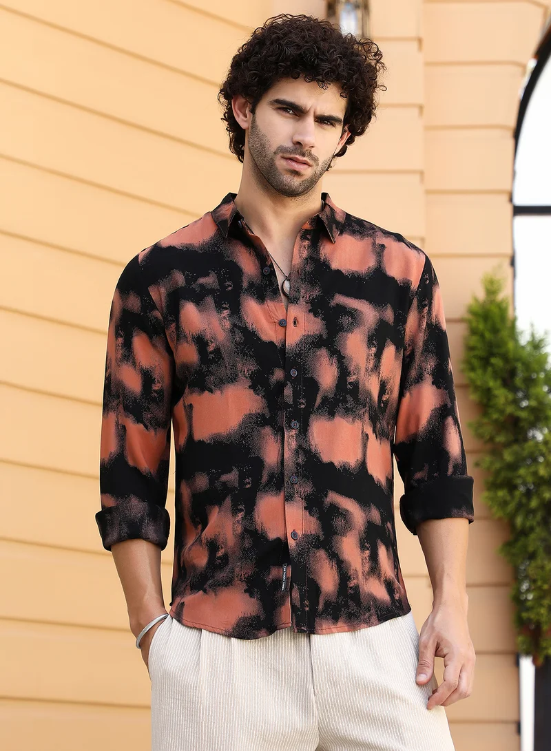 كامبوس سوترا Men's Obsidian Black & Sienna Brown Smudged-Block Regular Shirt For Casual Wear | Spread Collar | Long Cuffed Sleeves | Button Closure | Shirt Crafted With Comfort Fit For Everyday Wear