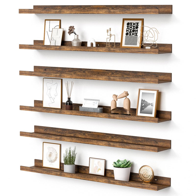 upsimples Floating Shelves for Wall, 35.5 Inch Shelves for Decor Storage Set of 6, Wall Mounted Wood Shelf for Bedroom, Living Room, Bathroom, Kitchen, Long Picture Ledge Shelves, Brown - Image 1